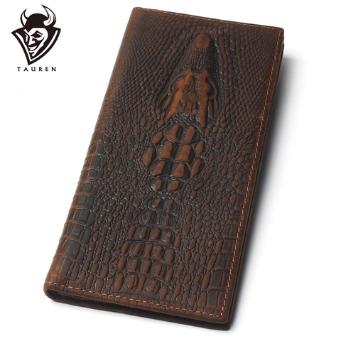 Cartera de diseño de cabeza de cocodrilo para hombre, cartera Crazy Horse 100% de cuero genuino, billetera larga suave de grado superior, monedero de marca ► Foto 1/6