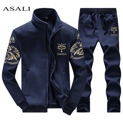 ASALI 2022 de los hombres ropa deportiva traje de sudadera chándal sin capucha hombres activo Casual traje cremallera Outwear 2 PC chaqueta + pantalones conjuntos ► Foto 1/6