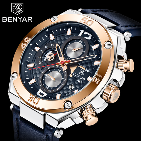 BENYAR-Reloj de pulsera de cuarzo para hombre, cronógrafo de cuero, militar, deportivo, Masculino ► Foto 1/6