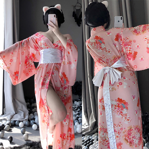 Sexy Geisha Kimono para las mujeres de la moda japonesa suelto Yukata de seda vestido vendaje vestido Vintage elegante de gasa Sakura batas chaqueta ► Foto 1/6