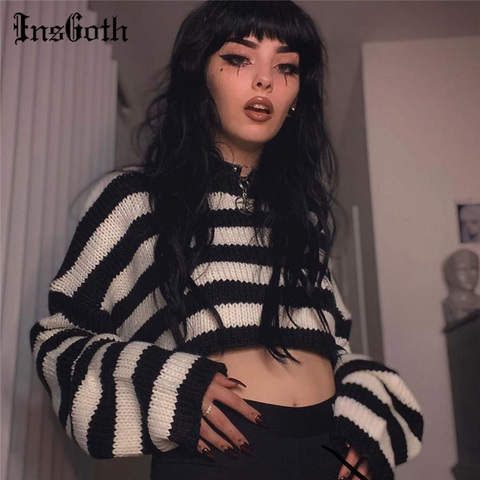 InsGoth-jerséis de cultivos holgados Harajuku para mujer, ropa urbana gótica, suéteres de manga larga a rayas con cuello redondo, Jersey Punk Vintage para otoño ► Foto 1/6