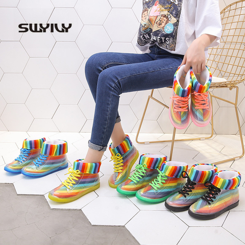 SWYIVY-Botas de lluvia para mujer, botines cálidos de gelatina arcoíris, zapatos transparentes impermeables, botas antideslizantes de goma, 2022 ► Foto 1/6