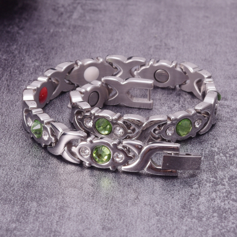 Pulsera magnética de acero inoxidable para mujer, Cruz de brazalete con cristales verdes, terapia de artritis, energía curativa ► Foto 1/6