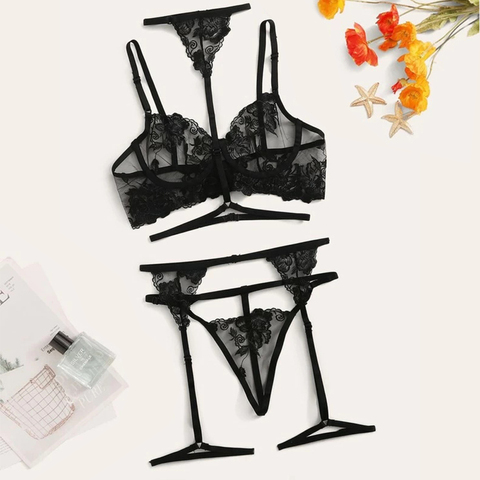 Conjunto de ropa interior ultrafina para mujer, lencería Sexy con encaje de flores y Tanga, Conjunto de sujetador transparente, lencería bordada ► Foto 1/6