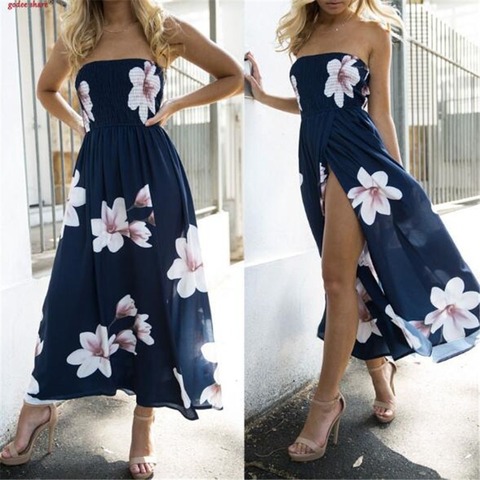 2022 vestido de playa bohemio para mujer, vestido informal de verano sin mangas con abertura floral y hombros descubiertos, vestido largo bohemio, ropa para mujer ► Foto 1/6