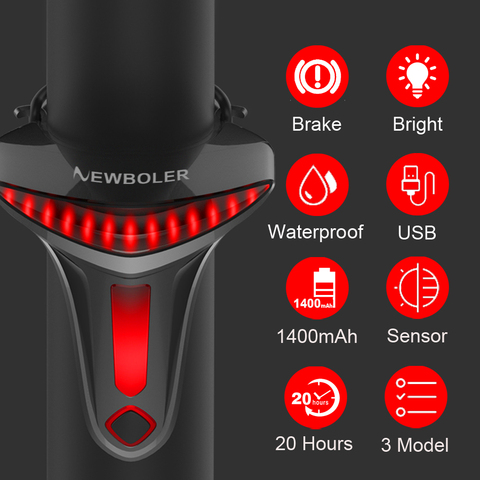 NEWBOLER Sensor de freno Luz trasera de bicicleta Auto Start Stop USB Luces de bicicleta LED Ciclismo Luz trasera Linterna para accesorios de bicicleta ► Foto 1/6