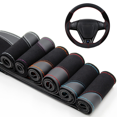 O SHI-funda para volante de coche, 38cm, resistente al desgaste, suave, PU + gamuza, Trenza para volante de coche con agujas de rosca ► Foto 1/6