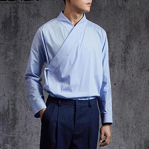 Camisa de estilo chino para hombre, Camisa de manga larga Retro Hanfu de Color sólido Encaje Vintage Up, Camisa elegante con cuello levantado 2022 ► Foto 1/6