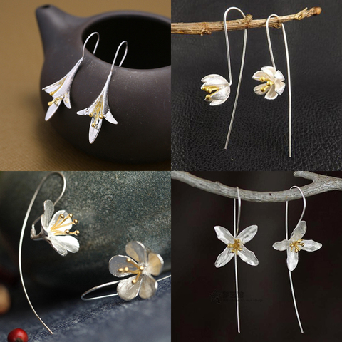 Pendientes largos de Plata de Ley 925 con flores para mujer, joyería elegante para prevenir alergias, nuevo diseño ► Foto 1/6