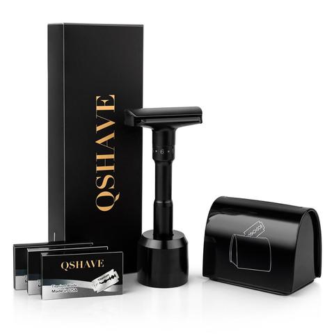 QShave lujoso kit de maquinilla de afeitar de seguridad ajustable negro para hombre, kit de afeitado + maquinilla de afeitar + estuche de eliminación de cuchillas + juego de 15 cuchillas ► Foto 1/6