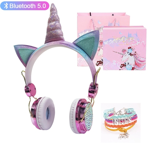 Unicorn Auriculares inalámbricos,Bluetooth 5,0,Linda chica casco,cascos con micrófono,para niña,regalo de Navidad,Casco de juego,Pulsera de unicornio gratis ► Foto 1/6