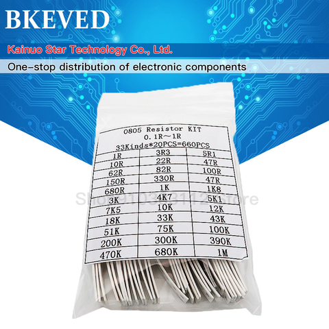 Kit de resistencias SMD 0805, surtido, 1ohm-1M ohm 1% 33valuesX 20 piezas = 660 Uds., Kit de muestra ► Foto 1/1