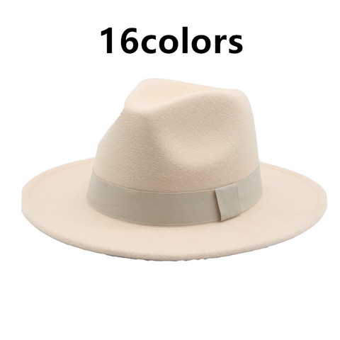 Sombrero fedora con banda ancha para hombre y mujer, sombrero clásico de lana con banda de cinta, color beige y blanco, estilo británico elegante, tocado de invierno ► Foto 1/6