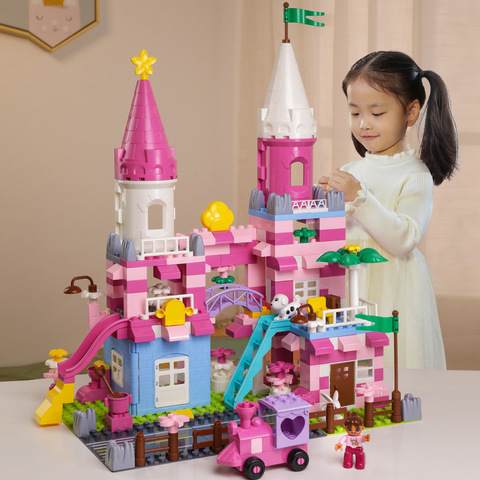 QWZ-bloques de construcción de Castillo de princesa rosa para niñas, piezas de duplo, juguetes para niños, regalo de Navidad ► Foto 1/6