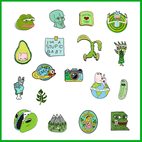 Broche de esmalte verde con diseño de animal, insignia de aleación con diseño de rana, gato, platillo volador, hojas, esqueleto de tierra, cámara, pin DE LA TIERRA, regalo de joyería ► Foto 1/6