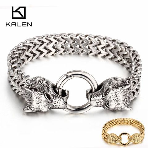 KALEN Rock-pulsera colgante de lobo vikingo para hombre, de acero inoxidable, cadena de malla de 20,5 cm y 22,5 cm, pulseras Punk de lobo dorado, joyas de motorista ► Foto 1/6