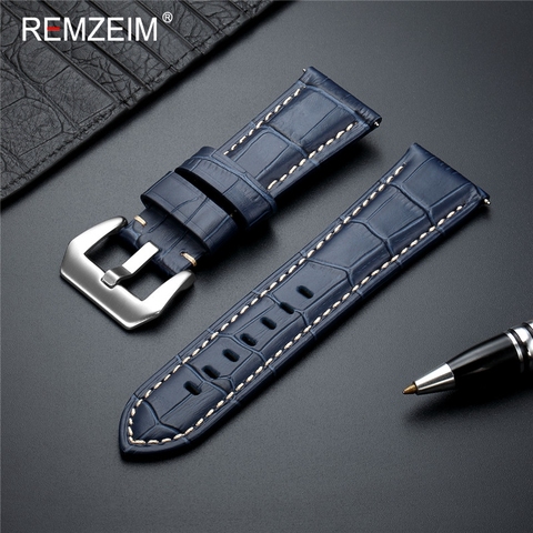 REMZEIM-Correa de reloj de cuero genuino, correa de reloj azul, accesorios de reloj, pulsera con hebilla de metal sólido, 20, 22, 24 y 26mm ► Foto 1/5