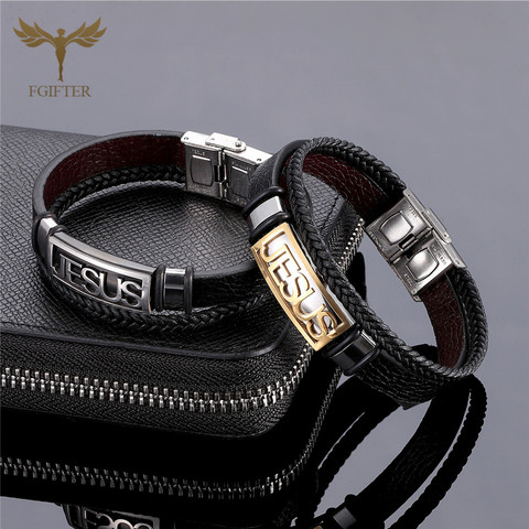 Pulsera de acero inoxidable con cruz de Jesús para hombre y mujer, brazalete multicapa de cuero, accesorios de joyería ► Foto 1/6