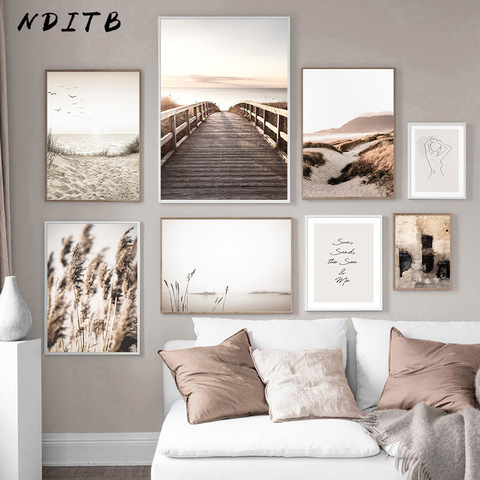 Pintura sobre lienzo de paisaje de naturaleza escandinava, puente de hierba, playa, atardecer, Póster Artístico de pared, Impresión de estilo nórdico, cuadro moderno, decoración del hogar ► Foto 1/6