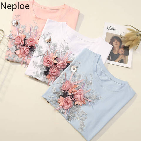 Neploe de talla grande camiseta para mujer moda coreana Flor de encaje bordada camisa para mujer Camisetas cuello redondo estudiante suelta camiseta Casual ► Foto 1/6