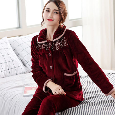 Conjuntos de pijamas cálidos de franela gruesa para mujer, ropa de dormir de manga larga, Coral, otoño e invierno, ropa de casa ► Foto 1/6