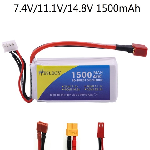 Batería Lipo de 7,4 V, 11,1 V, 14,8 v, 1500mAh, 2/3/4S, T/XT60/conector JST para coche de control remoto, piezas de repuesto de cuadricóptero, batería de 11,1 V para juguete RC ► Foto 1/6