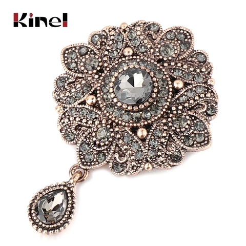 Kinel-broche Vintage de flor de cristal gris para mujer, pasador turco, broche de oro antiguo arabesco con diamantes de imitación, broche de solapa para bufanda ► Foto 1/6