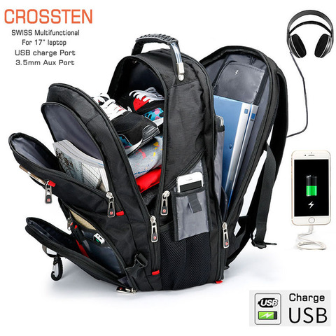 Mochila multifunción Crossen Swiss impermeable para ordenador portátil de 17,3 pulgadas puerto de carga USB Mochila escolar de gran capacidad ► Foto 1/6