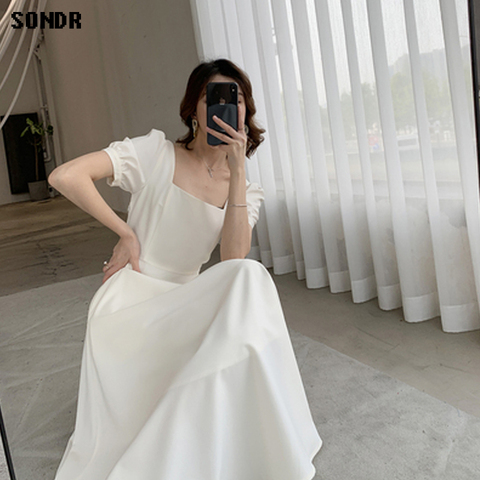 Vestido coreano de una pieza, vestidos dulces para mujer, vestidos de gasa de verano 2022, vestidos de manga larga de Color sólido con cuello en V Retro, vestido Midi ► Foto 1/5