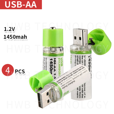 Batería portátil AA recargable por USB, 1450mAh, 1,2 v, celda USB, AA, recargable, con indicador LED, caja al por menor, 4 Uds. ► Foto 1/5