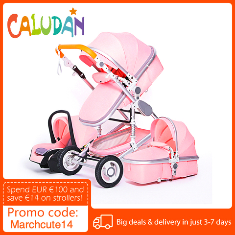 Cochecito de bebé de paisaje alto 3 en 1 con asiento de coche, carrito rosa de viaje de lujo y carrito de bebé ► Foto 1/6