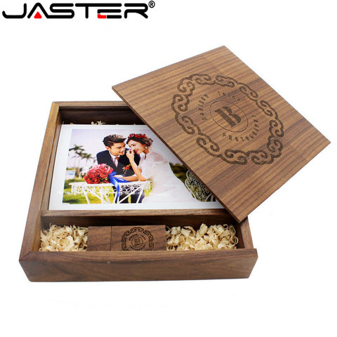 JASRER (logotipo libre de 1 piezas) foto álbum único madera de nogal USB + caja Pendrive USB memoria flash 8 GB 16 GB fotografía (170 * 170*35mm) ► Foto 1/6