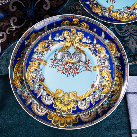 Plato de porcelana azul de lujo de hueso del océano, Plato decorativo de la vajilla del corazón del mar de lujo de la casa del club occidental ► Foto 1/6