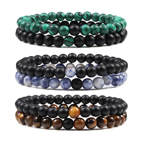 Conjunto de 2 unidades de pulseras con cuentas naturales de piedra de Lava negra de ojo de tigre, pulsera de distancia para parejas, cuerda elástica energética, joyería de malaquita ► Foto 1/6