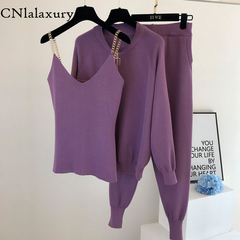 Traje de punto de manga larga con cremallera para mujer, Chaqueta de punto de manga larga, cárdigans, camiseta sin mangas, pantalones, conjunto de salón liso, chándales informales, novedad de 2022 ► Foto 1/6