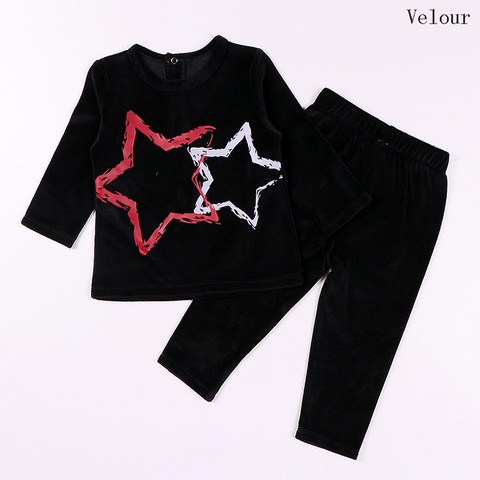 2 uds ropa de bebé de manga larga conjunto de top y pantalones conjunto casual para niños con diseño de estrella ropa de niños ropa de moda de terciopelo negro ► Foto 1/6