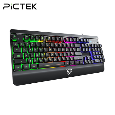 PICTEK PC268-Teclado retroiluminado con cable USB, membrana RGB con reposamuñecas, 104 teclas, para PC, ordenador, pegatina rusa ► Foto 1/6