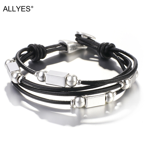 ALLYES-Pulseras simples hechas a mano de cuero negro para mujer, dije de cuentas de Metal, pulsera envolvente multicapa, joyería femenina ► Foto 1/6