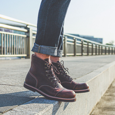 Botas Vintage de cuero de vaca de calidad para Hombre, botines informales con alas de punta redonda, color rojo, para invierno ► Foto 1/6