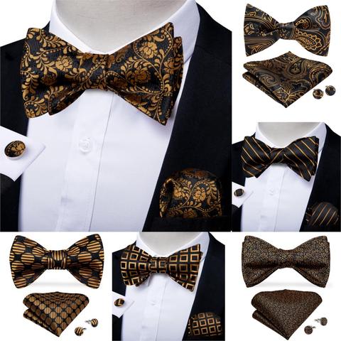 Corbata de lazo negra y dorada para hombre, conjunto de pajarita de boda, con bolsillo, gemelos cuadrados, regalo, DiBanGu ► Foto 1/6