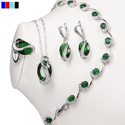 Juegos de joyas para mujer, verde esmeralda, Plata de Ley 925, Topacio de zafiro, granate, pulsera, collar, pendientes, anillo colgante ► Foto 1/6