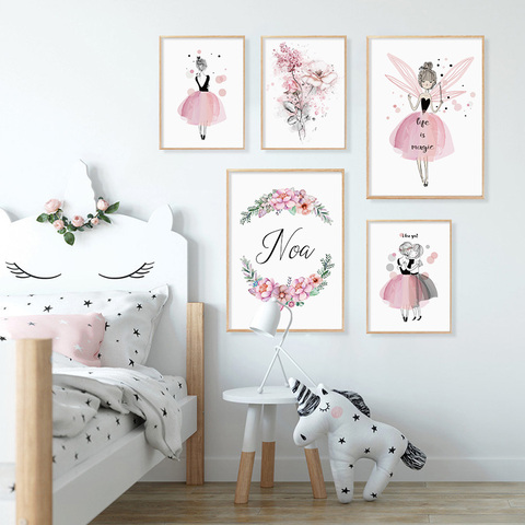 Acuarela pintura de princesa Rosa lienzo flores pared arte cartel cumpleaños Regalos imágenes nórdicas para niñas habitación decoración del hogar ► Foto 1/6