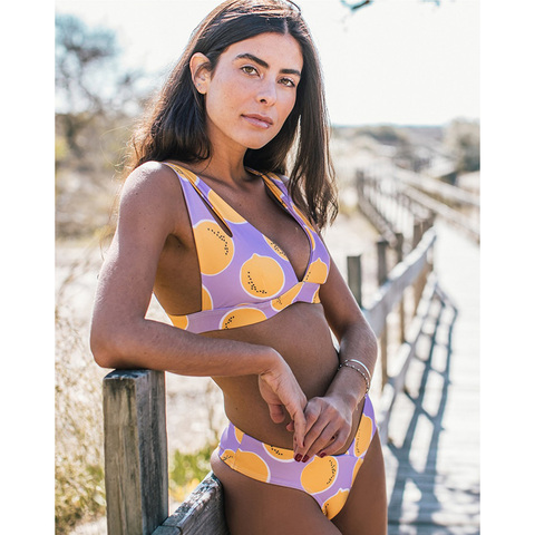 Bikini brasileño con cuello halter para mujer, traje de baño sexy con push-up, bañador para mujer con estampado de limón de estilo bandage, ropa de baño XL 2022 ► Foto 1/6