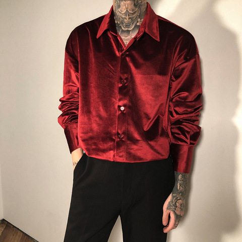 Ropa de lujo de terciopelo rojo para hombre, camisas de terciopelo de Borgoña, blusa de felpa Retro, camisas negras inusuales para fiesta y Club ► Foto 1/5