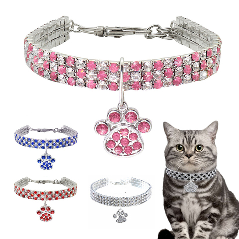 Con incrustaciones de diamantes Gato Collar de mascotas de cristal brillante elástico collar para gatos huellas accesorios para gatito Collar para perros y gatos collar ► Foto 1/6