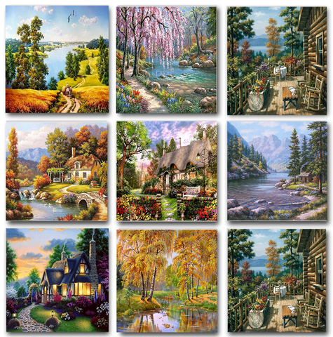 Pintura por números al óleo de paisaje de casa para adultos, cuadro de lona para colorear por números, regalo de decoración del hogar ► Foto 1/6