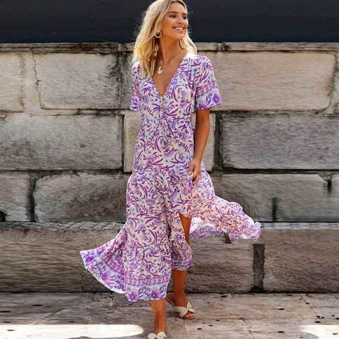 De inspiración Bohemia Lila vestid grande floral con cuello en V de rayón BOHO púrpura vestido casual de Primavera de 2022 vestido de verano para mujeres, vestido largo ► Foto 1/6