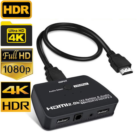4K HDMI Splitter 2,0 HDR 4K 60Hz UHD HDMI 2,0 1X2 divisor de audio digital HDMI 1 en 2 1080P 4K a 30Hz ► Foto 1/6