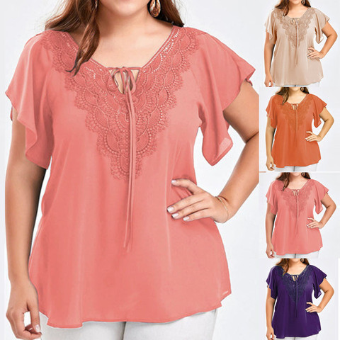 Camisas de encaje de talla grande para Mujer, blusa elegante con cuello en V, Tops tipo túnica de parches lisos de manga corta, 5xl ► Foto 1/6