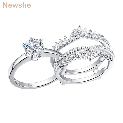 Newshe-Conjunto de anillos de boda de Plata de Ley 925 para mujer, 2 uds., sortija de compromiso única, banda protectora desmontable, circonita AAA, BR0910 ► Foto 1/6